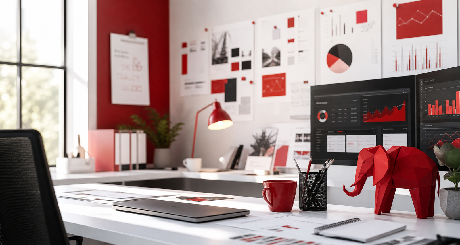 Campaign planning table with analytics and marketing materials